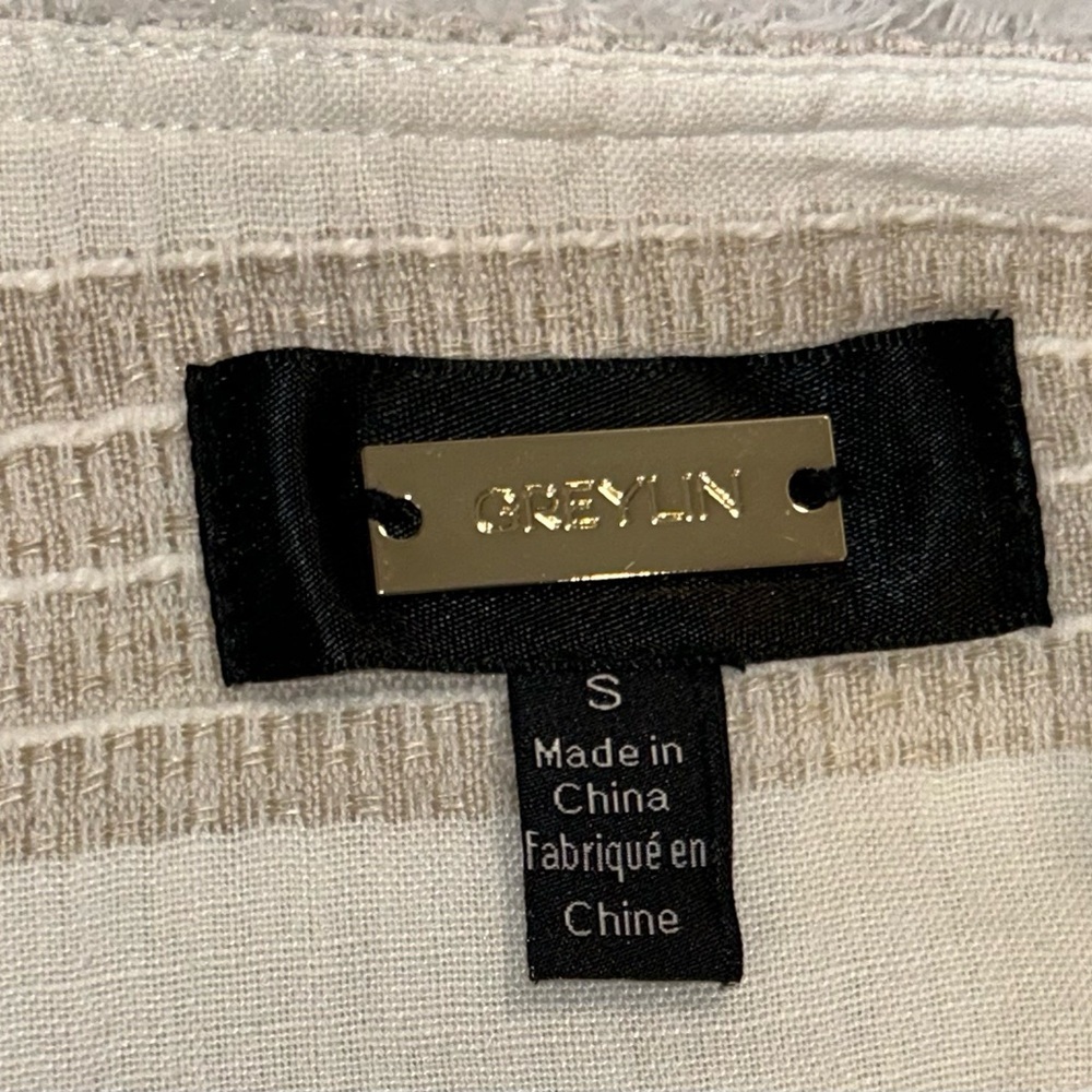 Greylin stripe linen cotton Blazer small fringe trim open front - Picture 9 of 10
